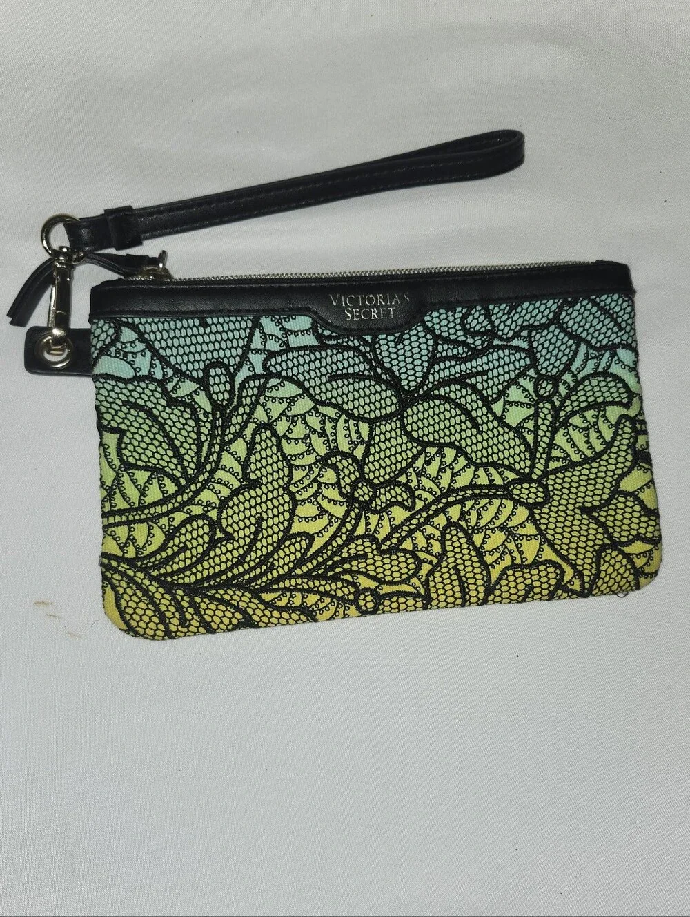 Victoria's Secret Teal to Yellow Lace-Print Wristlet